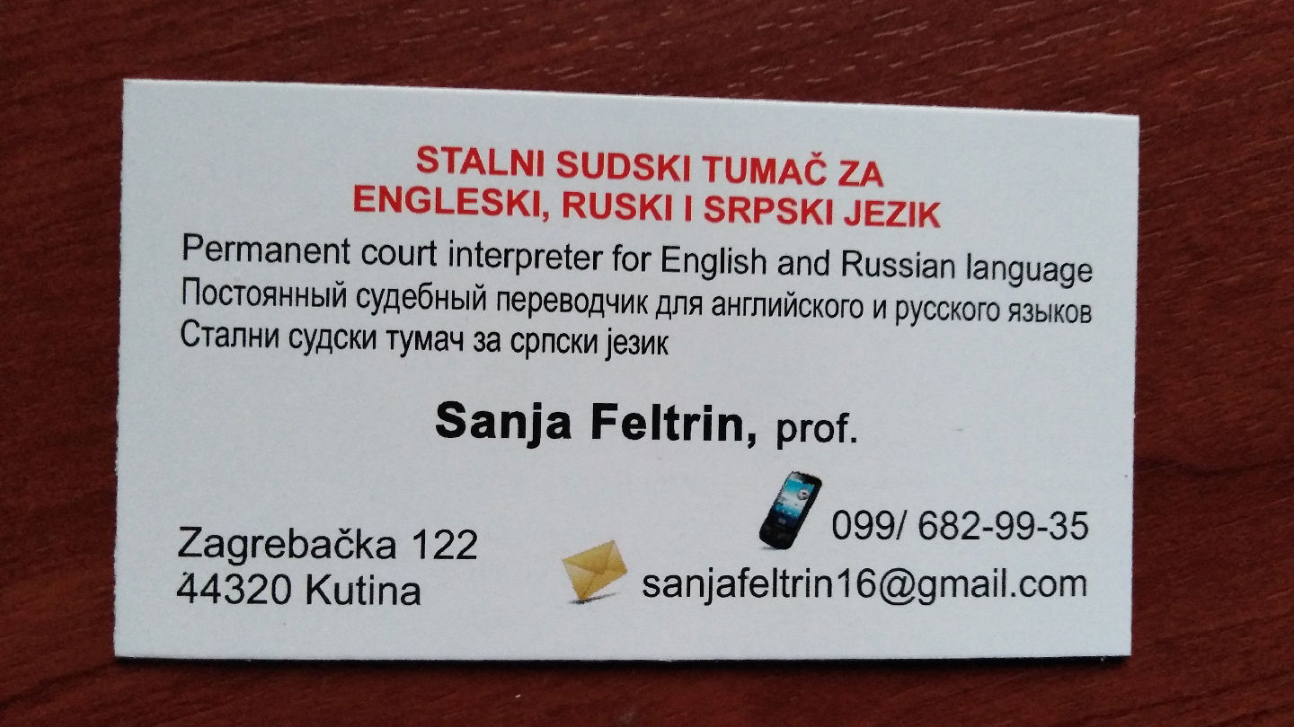 Sudski tumač za engleski, ruski i srpski jezik Kutina/ Court interpreter for English, Russian and Serbian language